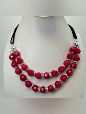 White House Black Market Red Jade Beaded Necklace Double Strand Rhinestone NWT